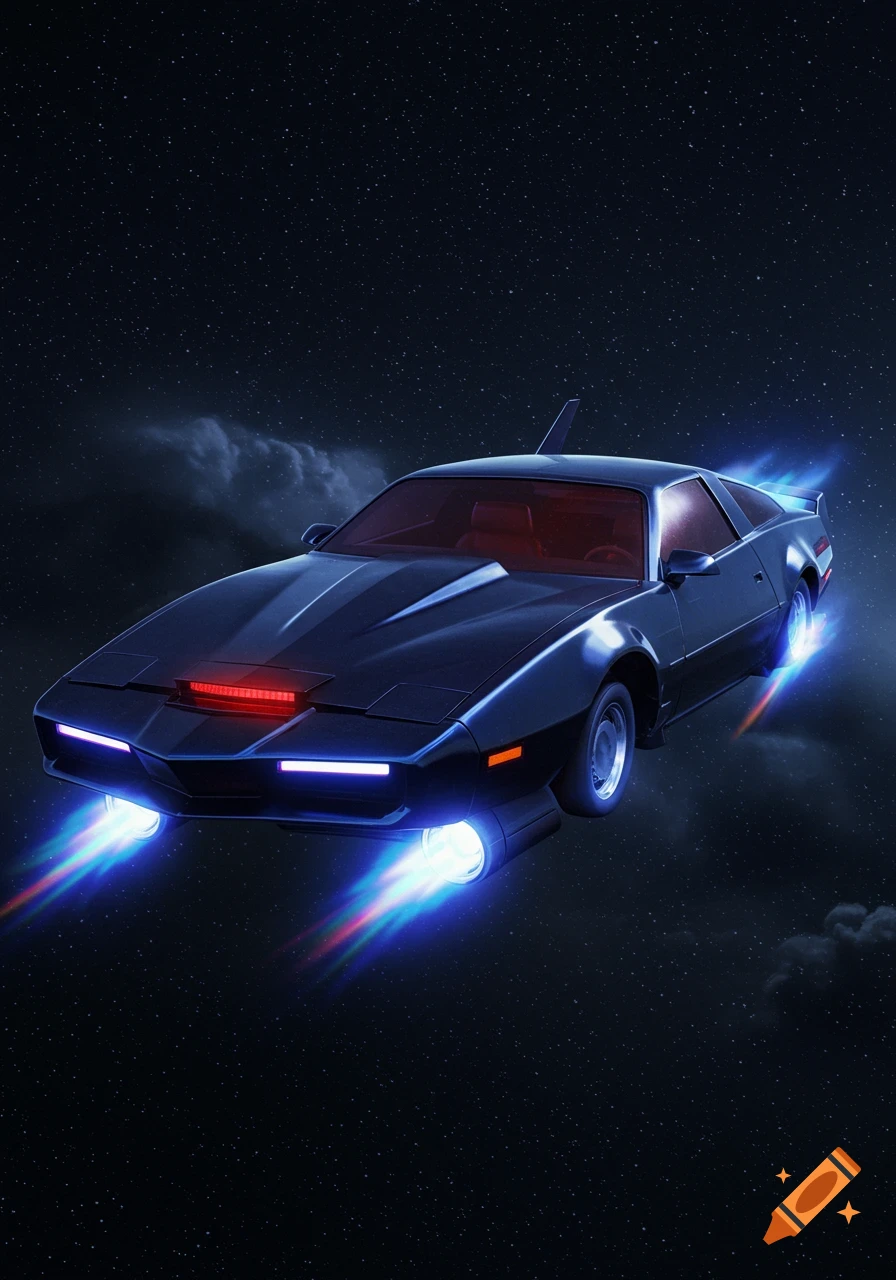 A sleek, black, redesigned K.I.T.T. car with red interior and blue thrusters flying through a starry night sky.