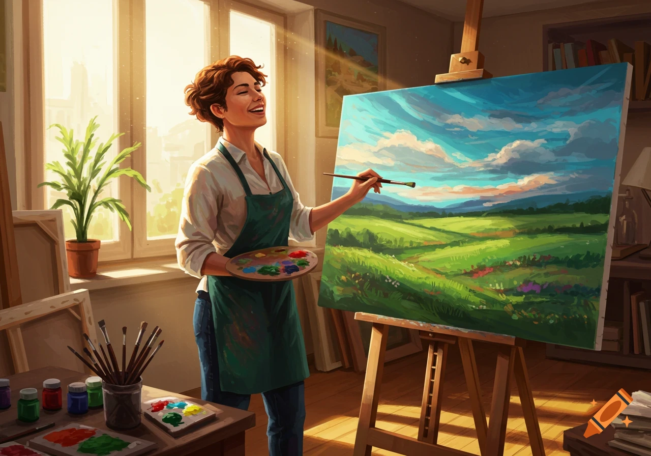 A happy artist in a sunny studio paints a vibrant, semi-abstract landscape on an easel.