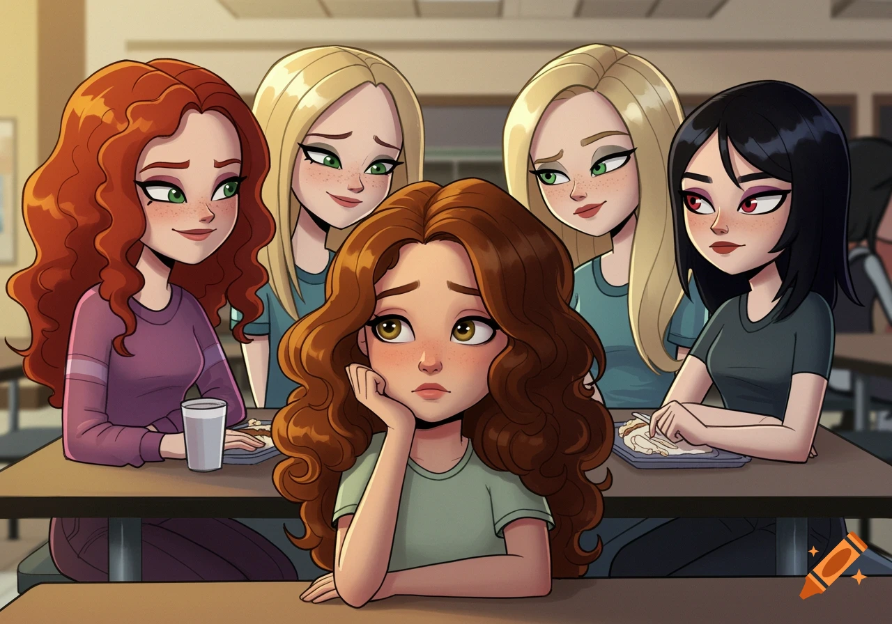 Cartoon drawing of a sad brown-haired girl at a lunch table, surrounded by four other girls, some looking smug.