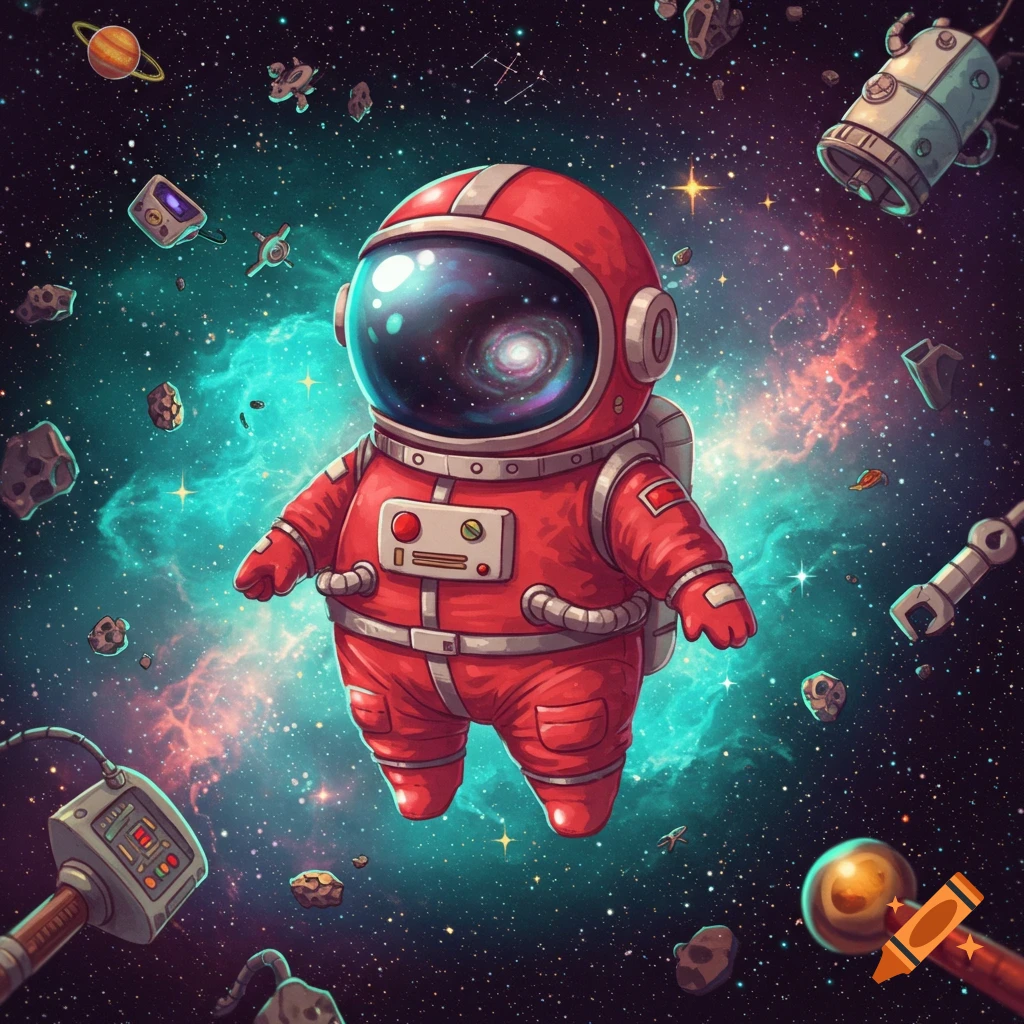 Chubby red cartoon astronaut floating in colorful space with nebula, stars, and asteroids.