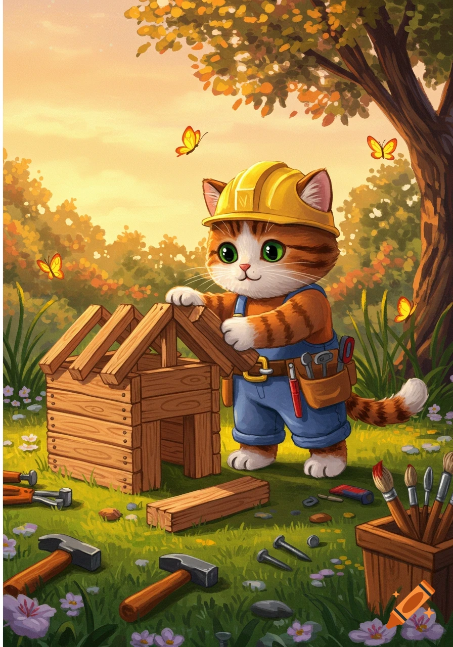 A cute cartoon ginger cat in a yellow hard hat and blue overalls builds a wooden house in a sunny, green outdoor setting.