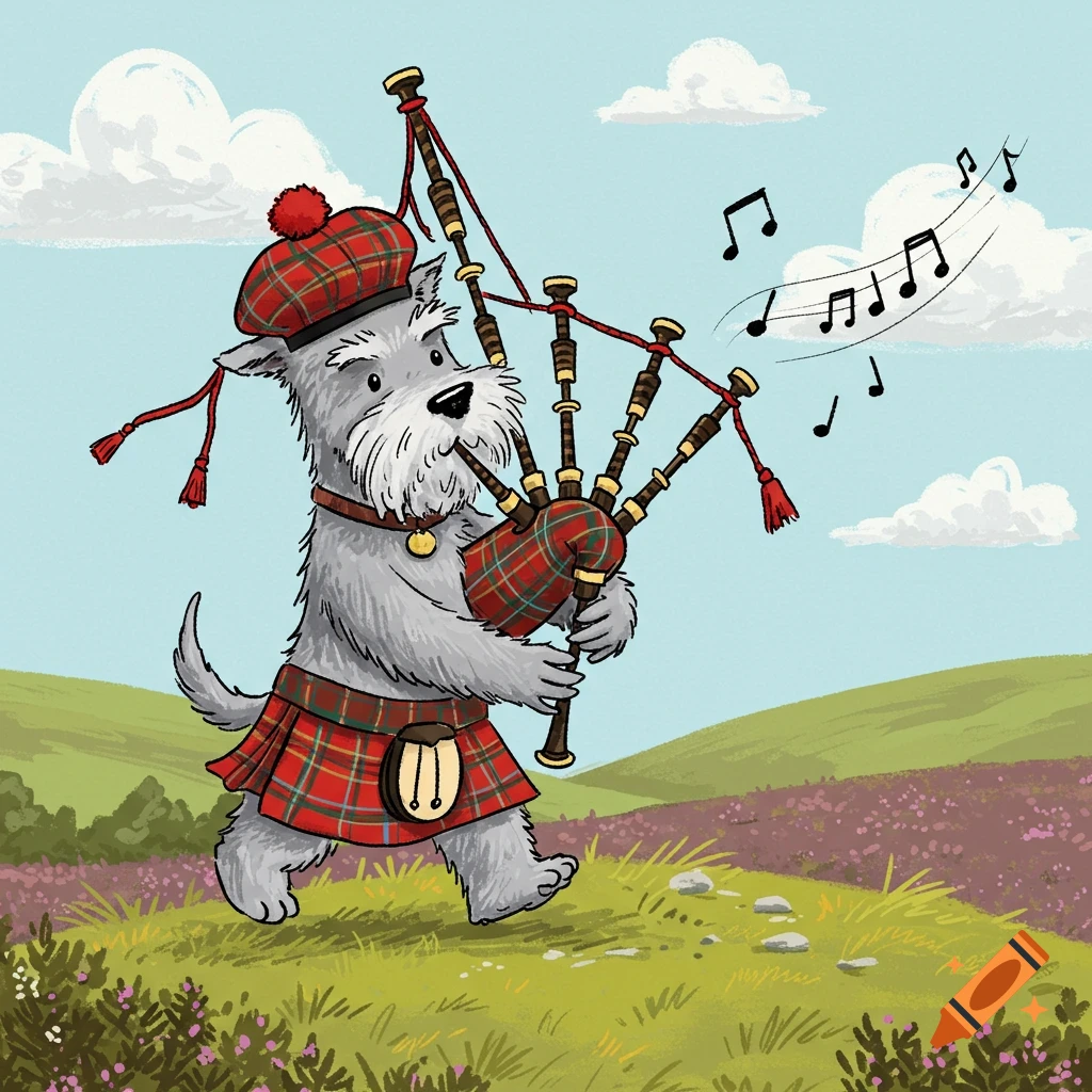Cartoon Scotty dog playing bagpipes while wearing a kilt and hat in a grassy Scottish landscape.