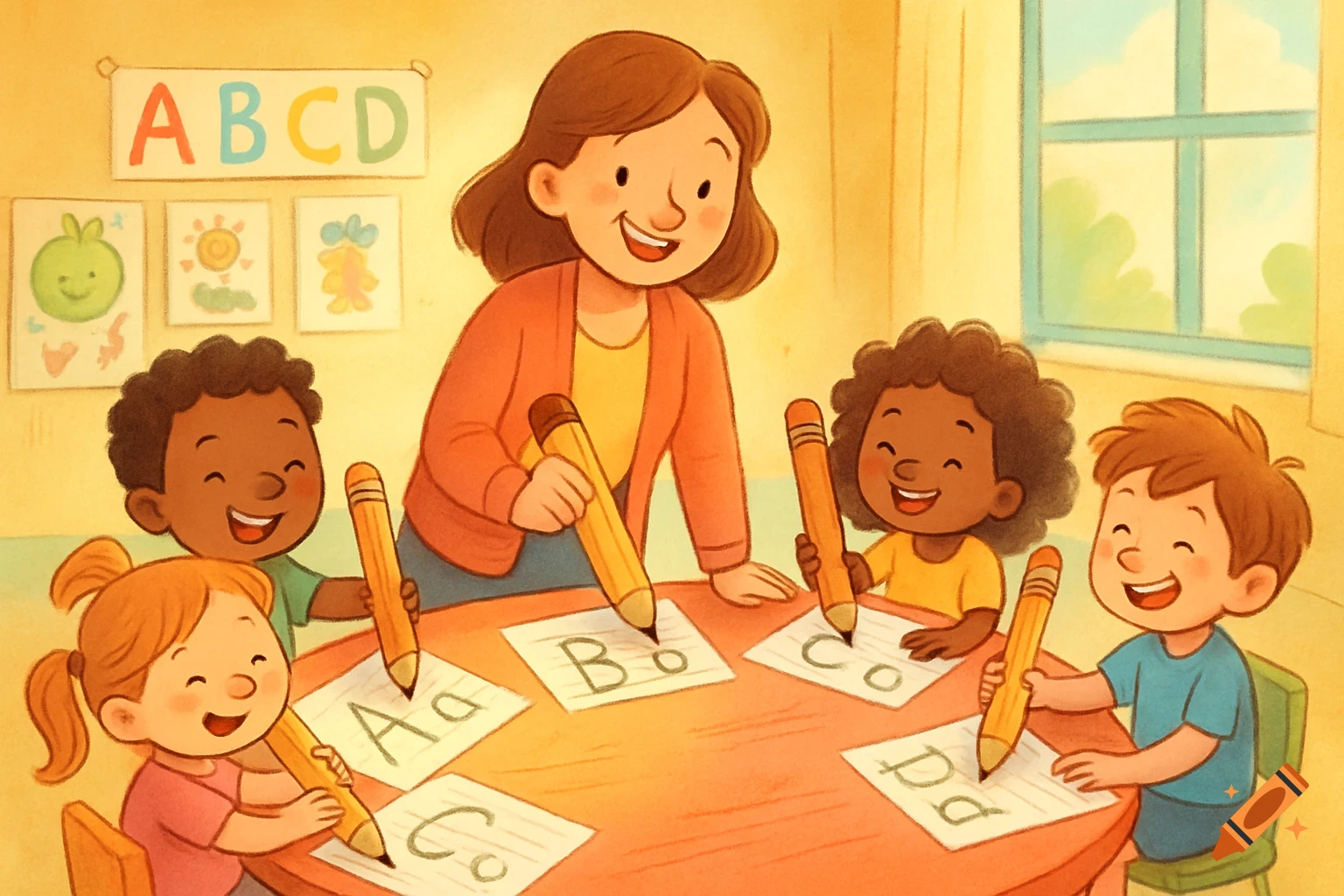 A colorful illustration of a teacher helping four diverse kindergarteners learn handwriting at a round table with large pencils.
