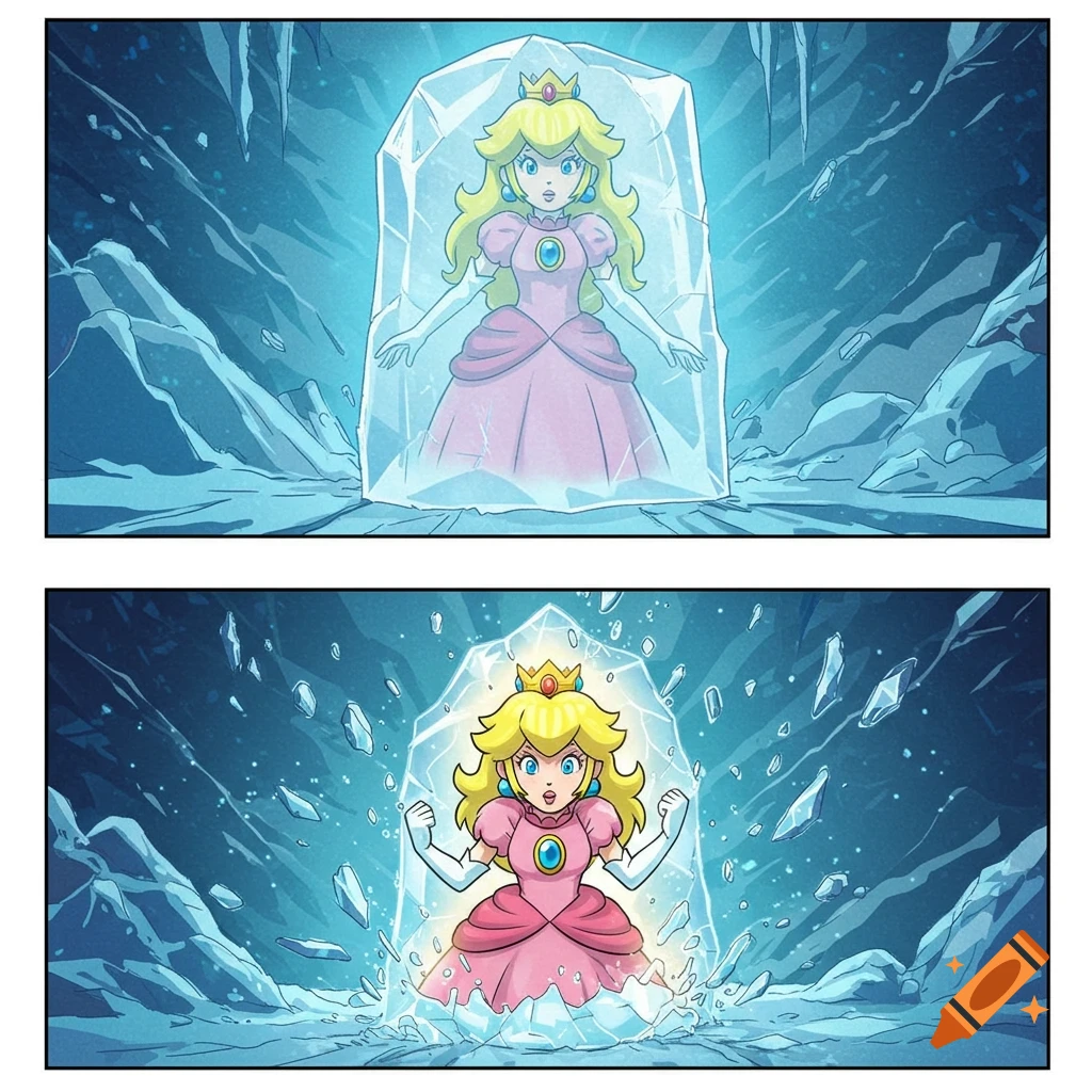 Princess Peach is first frozen in a block of ice within a cave, then shown breaking free with ice shards flying, depicted in two comic panels.