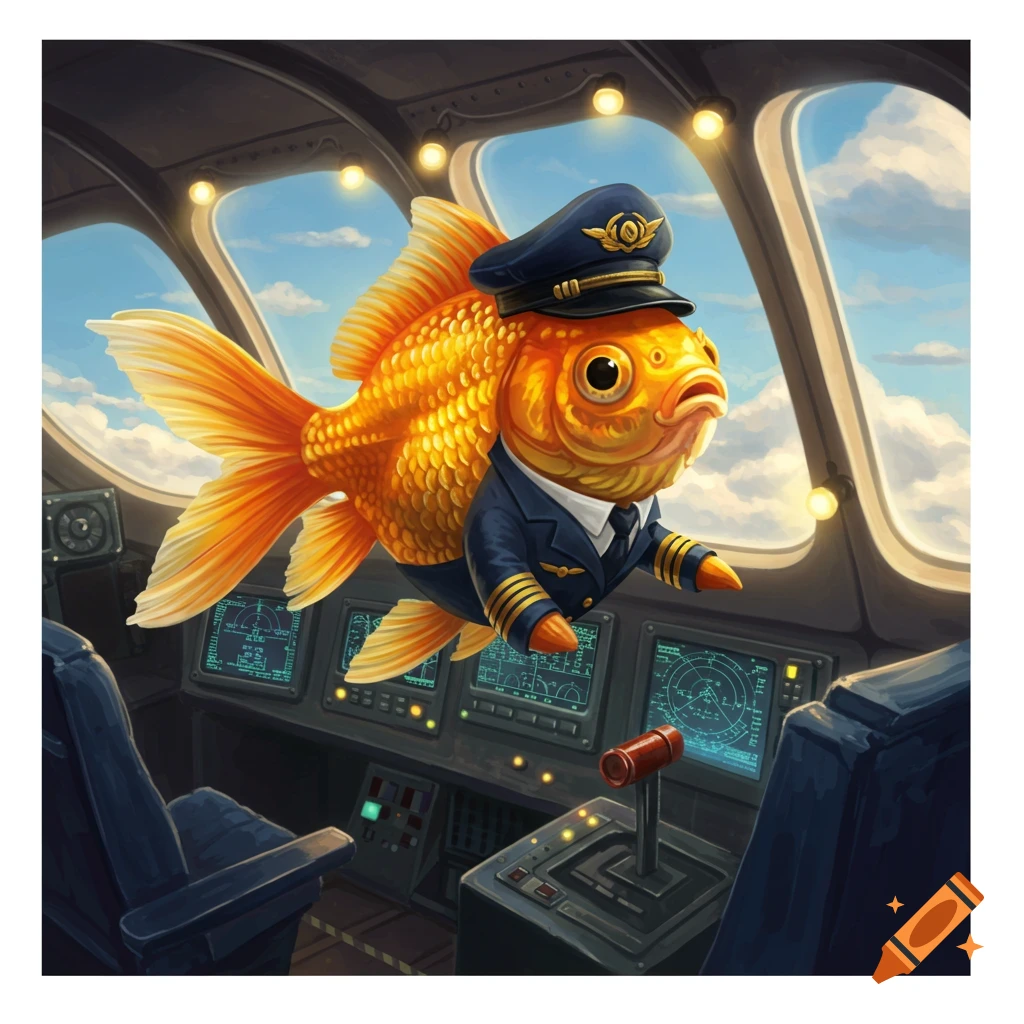 A cartoonish goldfish in a blue airline pilot uniform and hat sits in an airplane cockpit, steering. Illustrative style.