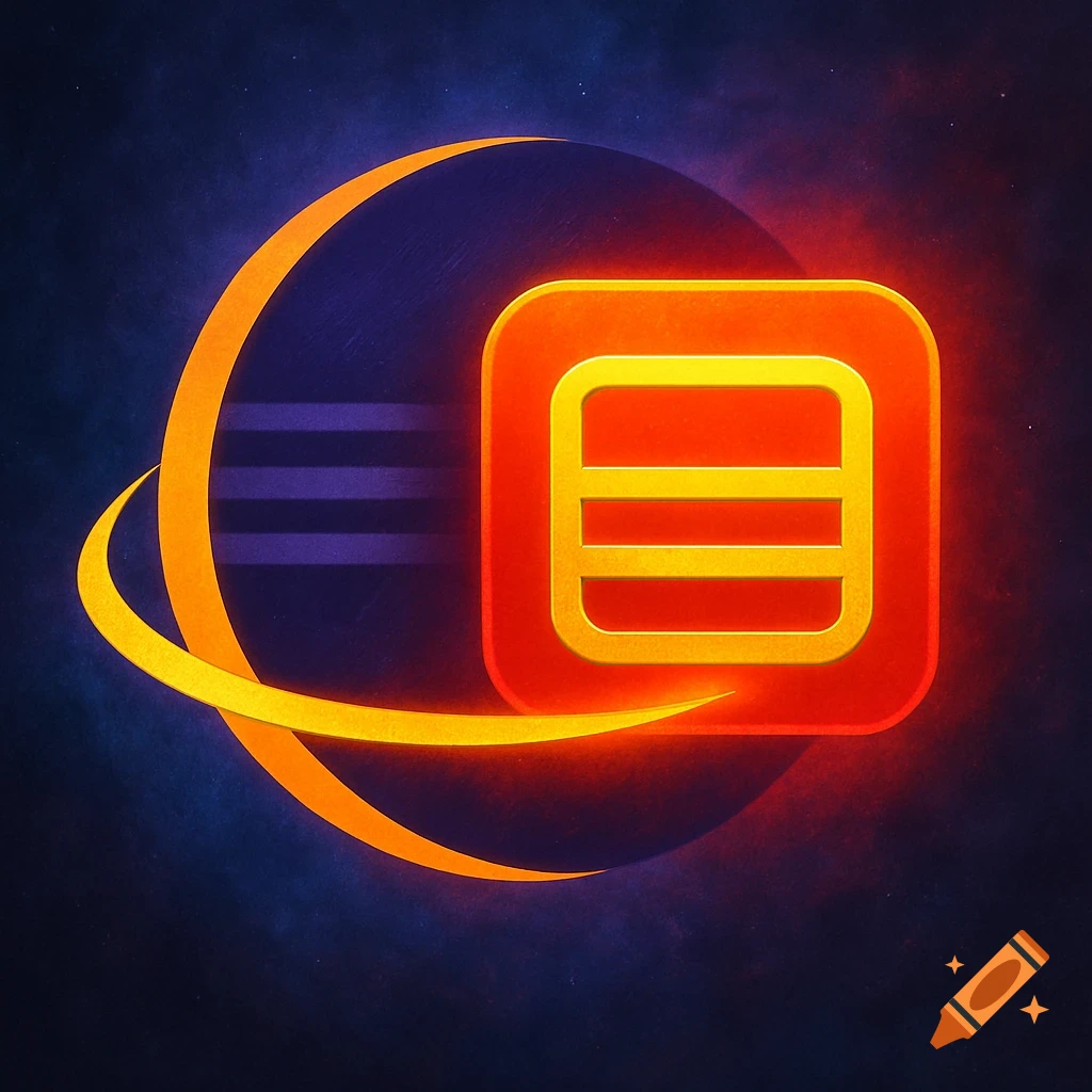 A stylized logo featuring a glowing orange square with a golden 'E' shape, partially encircled by a golden arc against a deep blue, starry background.