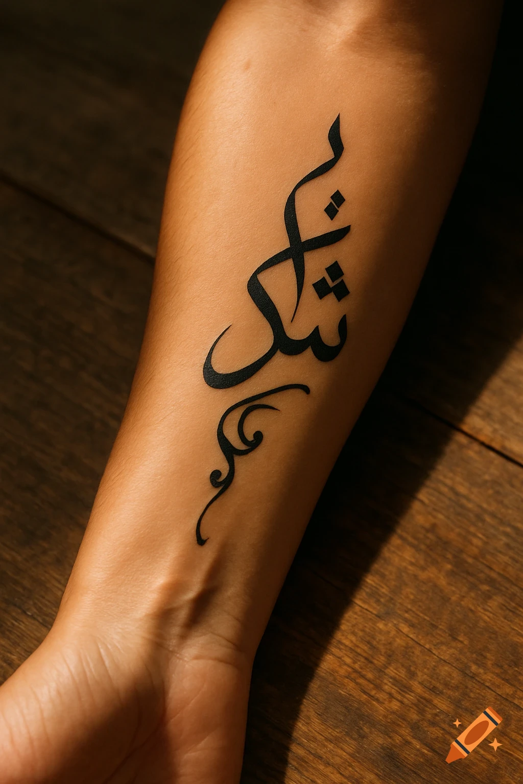 Close-up of a forearm with a black Arabic calligraphy tattoo of the word 'Shukr' (thanks) against a dark wooden background.