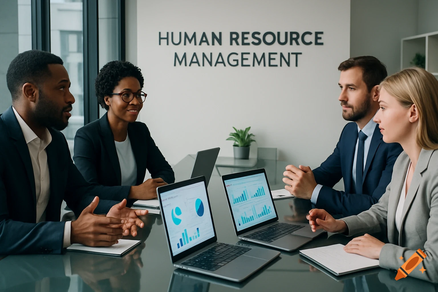 Four diverse business professionals collaborate around a modern meeting table with laptops displaying charts, in a corporate office.