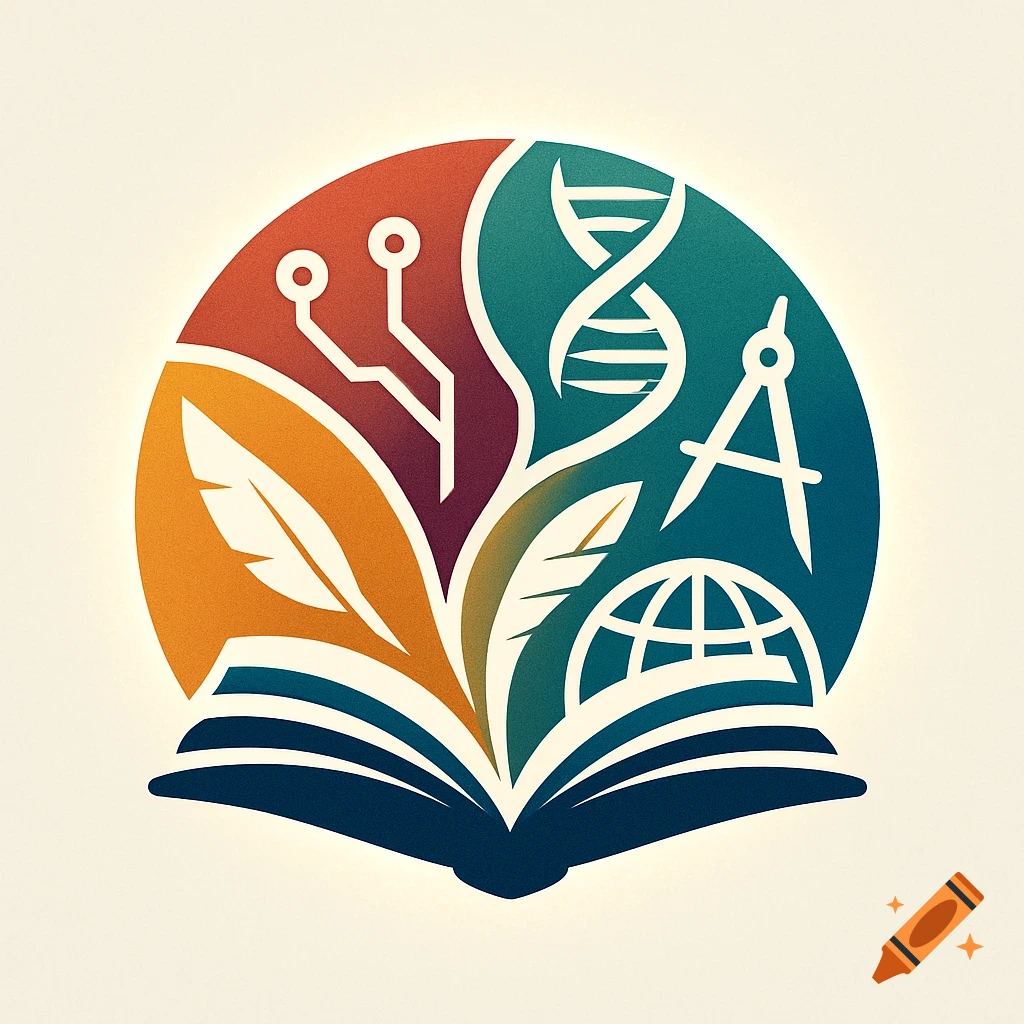Stylized logo of an open book with symbols for science, technology, and humanities rising from it, on a light background.