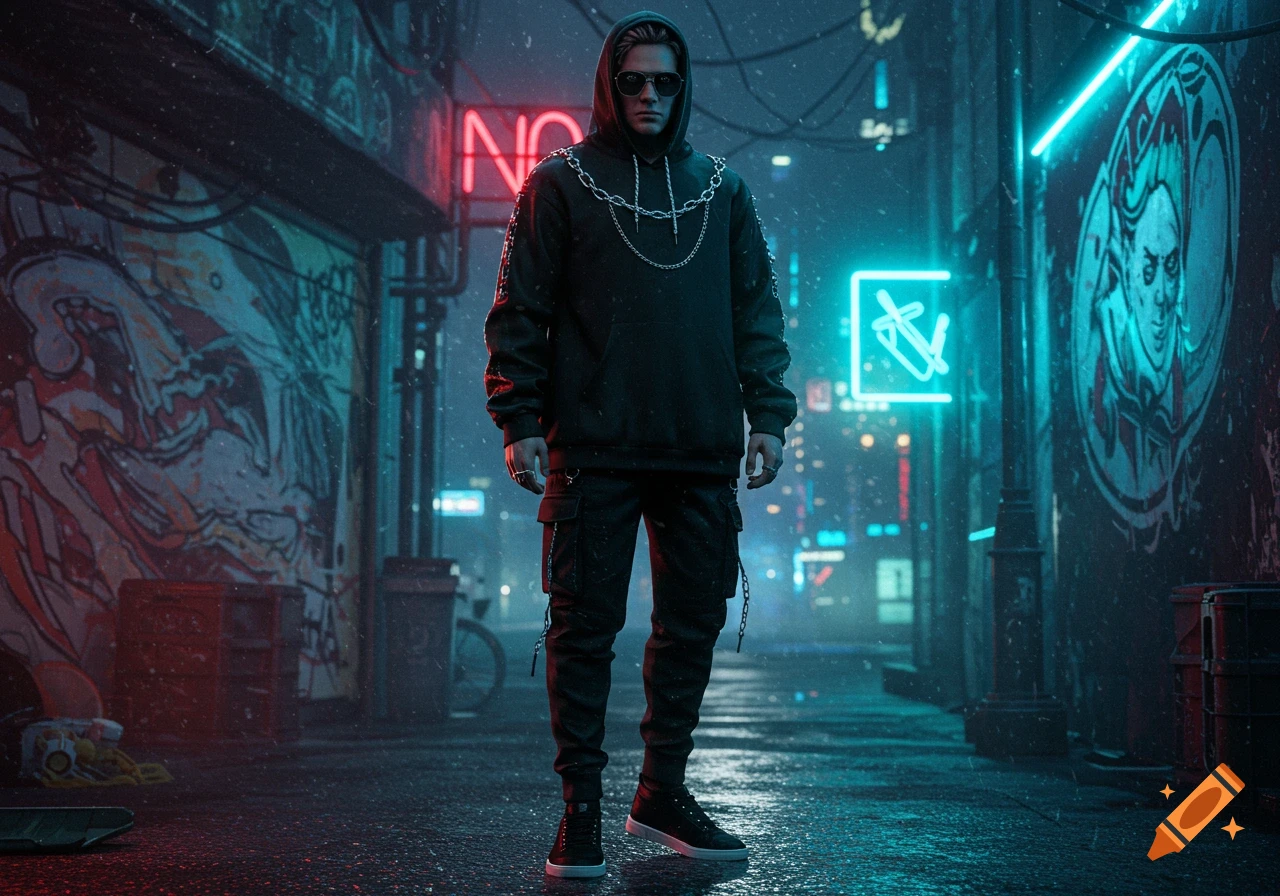A man in a black hoodie, chains, and sunglasses stands in a dark, wet cyberpunk alley illuminated by red and blue neon lights and graffiti, photorealistic style.