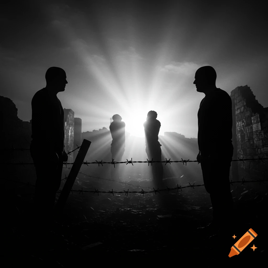 Black and white silhouette of four figures behind barbed wire, with a bright sunburst in the background over ruins.