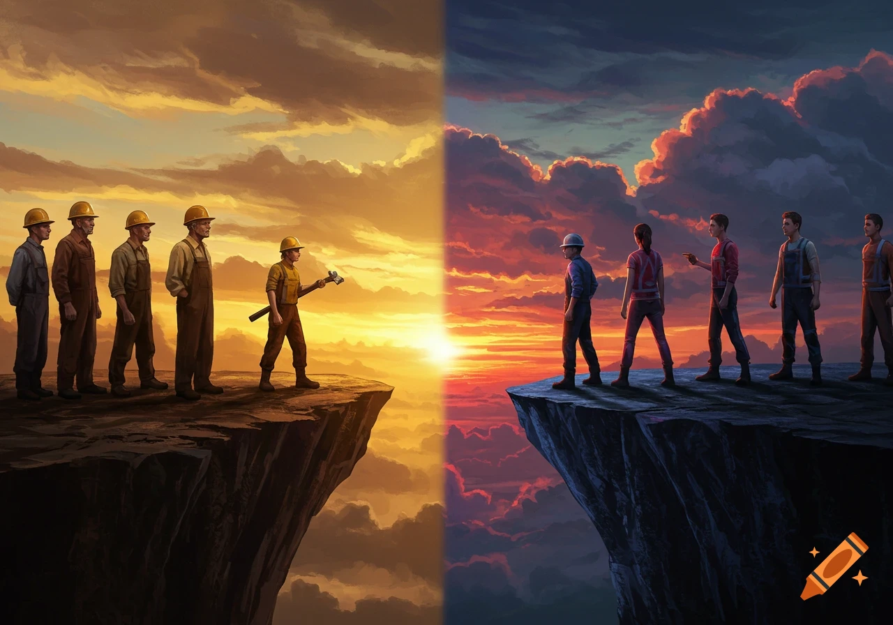 Digital art of older workers on a cliff at sunset facing younger workers on another cliff.