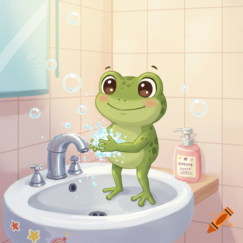A cute cartoon frog with big eyes washes its hands under a faucet in a bathroom sink, with a pink soap dispenser nearby.