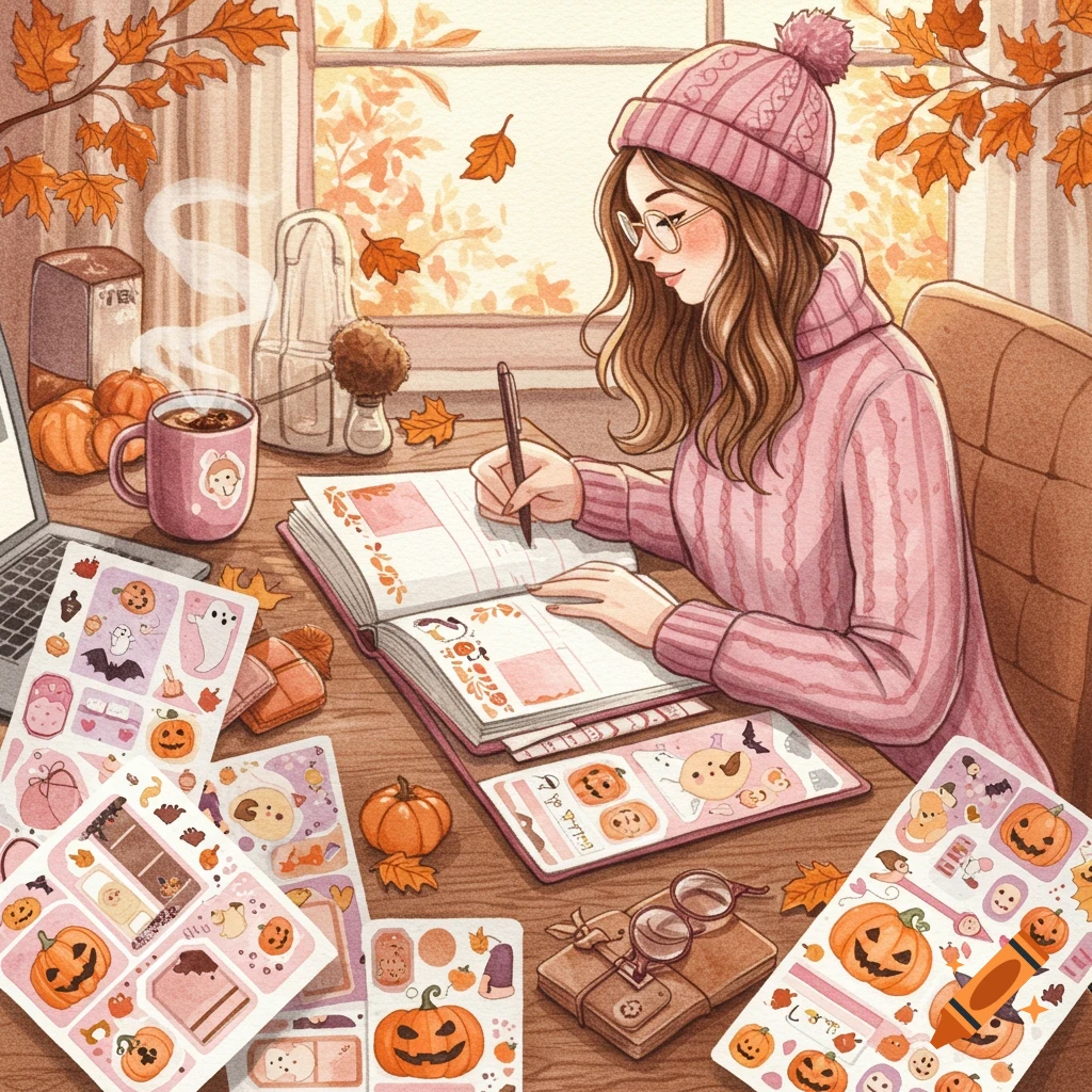 A woman in a pink sweater and beanie sits at a desk, writing in a planner, surrounded by Halloween and fall-themed stickers, pumpkins, and autumn leaves, in a watercolor style.