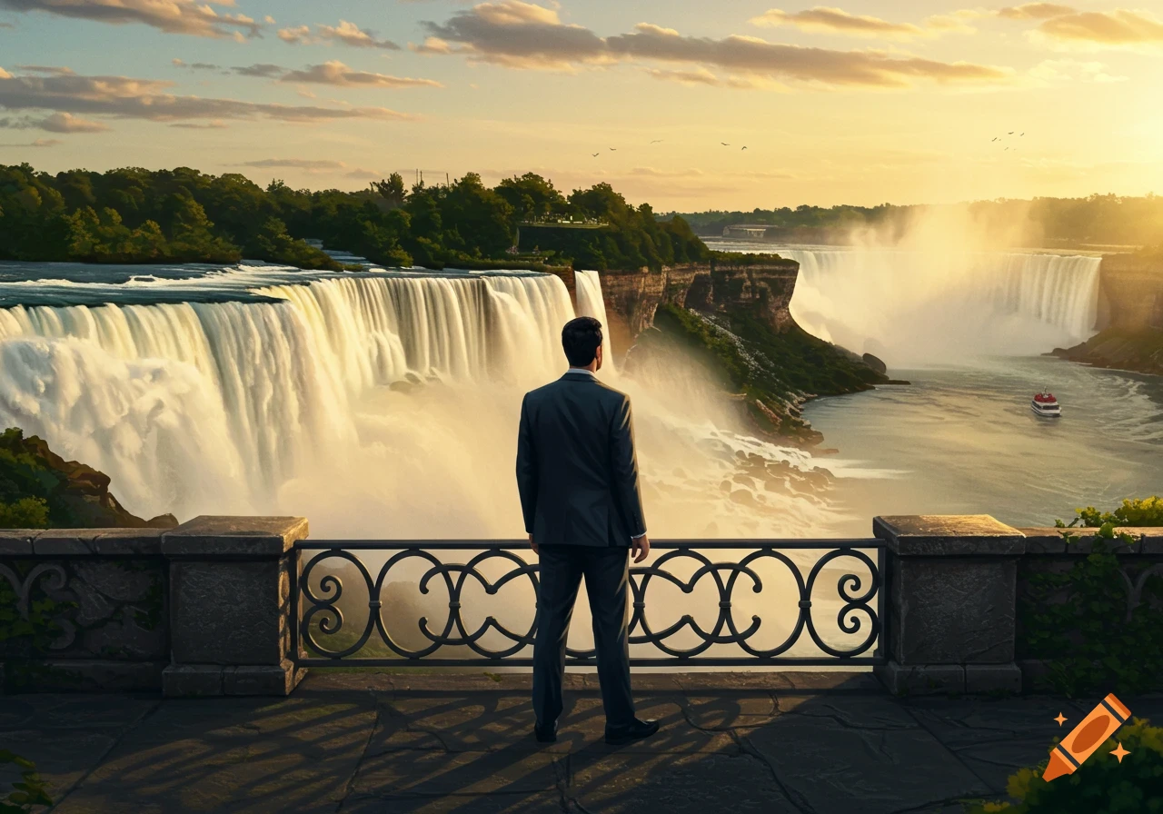 A man in a suit stands on a viewing platform, gazing at the majestic Niagara Falls during a vibrant sunrise or sunset.