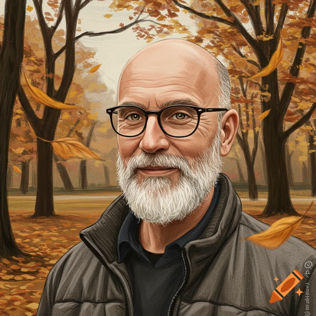 A bald man with a grey beard and black frame glasses stands in an autumn forest with falling leaves, in a lofi art style.