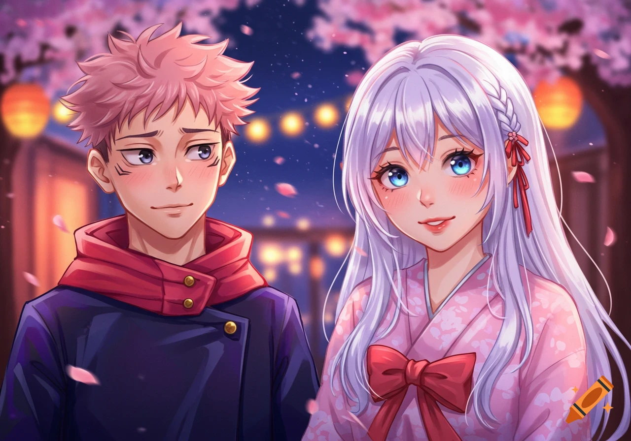 Anime illustration of Yuji Itadori and a white-haired woman blushing under cherry blossoms and lanterns at night.