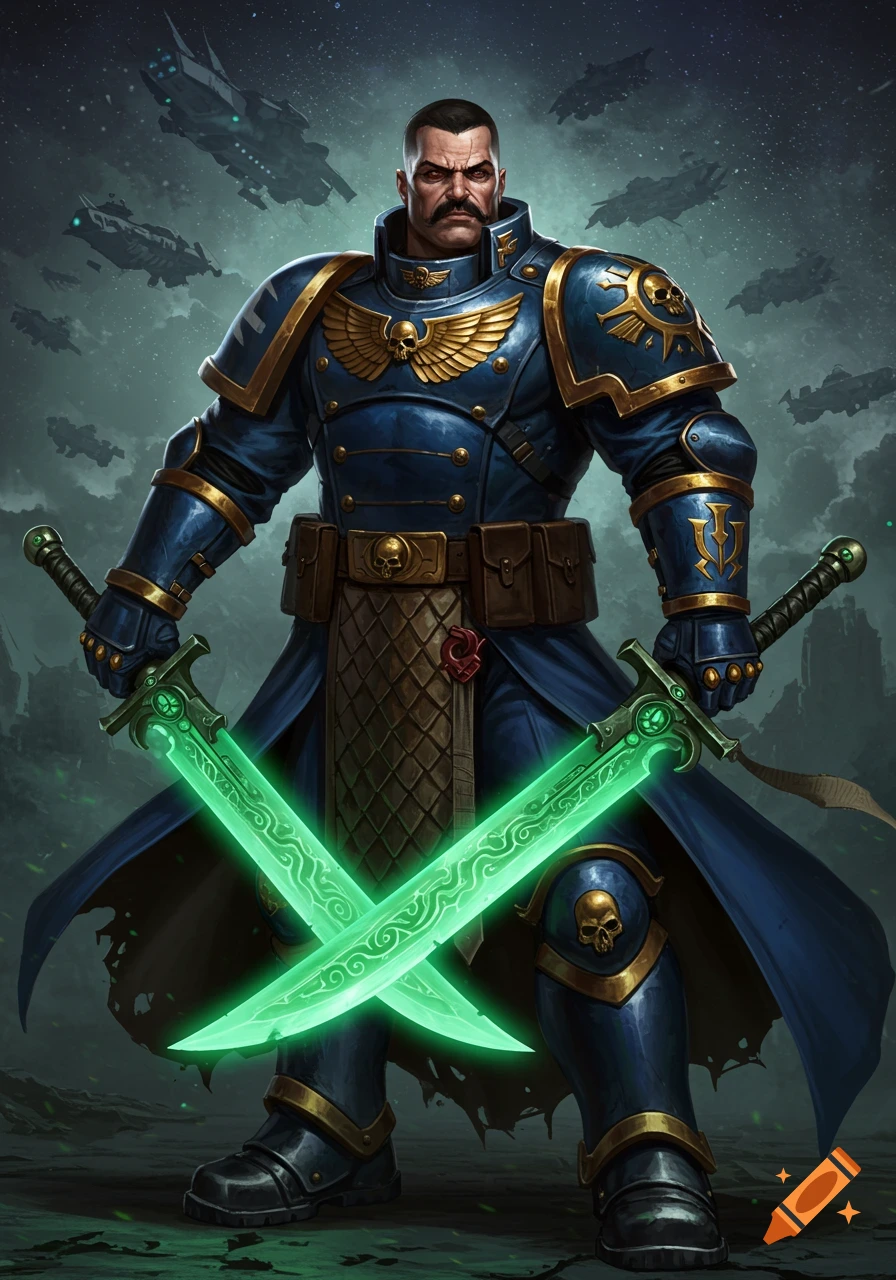 Muscular mustachioed man in Warhammer 40K Imperium armor with two glowing green swords, spacecraft in stormy sky.