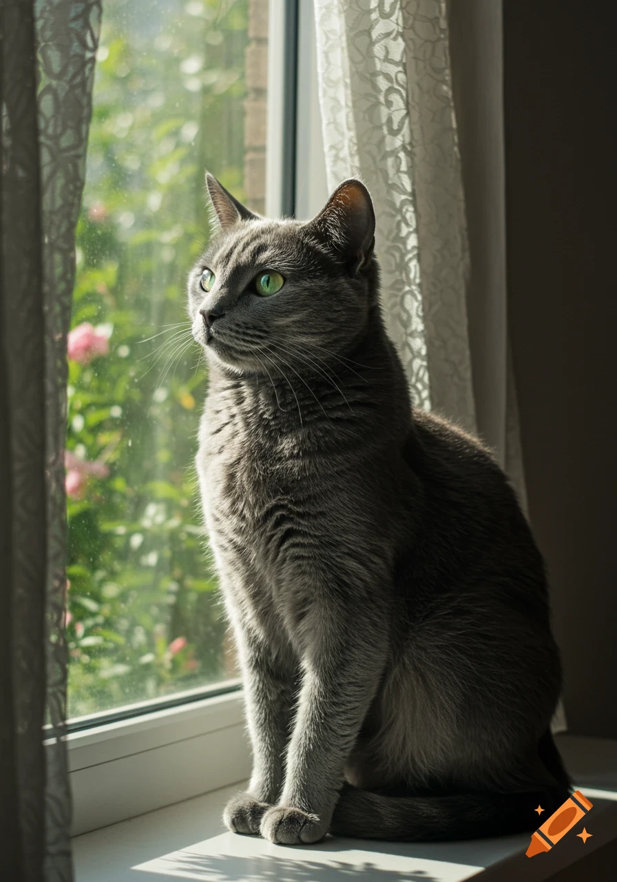 A photorealistic grey cat with bright green eyes sits on a sunlit window sill, looking out at blurred green foliage.