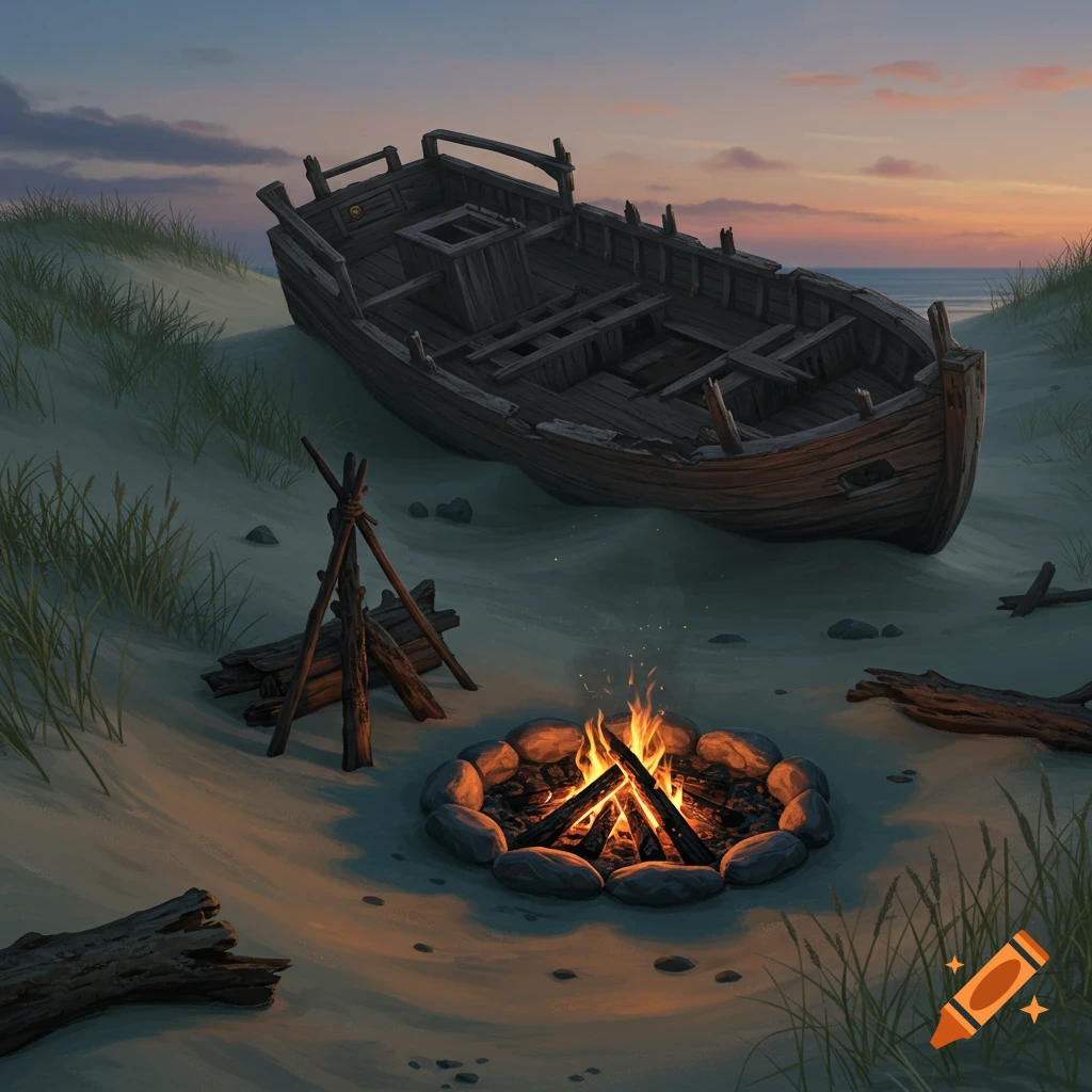 An old wooden shipwreck on a sandy beach at dusk, with a cozy campfire burning in the foreground.
