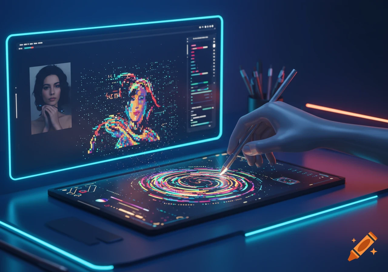 A futuristic digital art workspace with a glowing computer screen displaying a woman's portrait and pixel art, and a hand using a stylus on a tablet.
