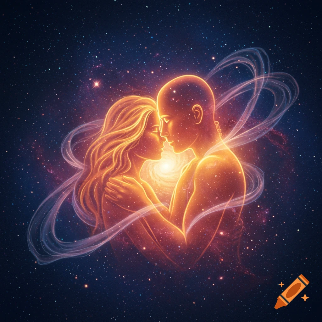 An ethereal, glowing couple embracing against a starry cosmic background with swirling light.