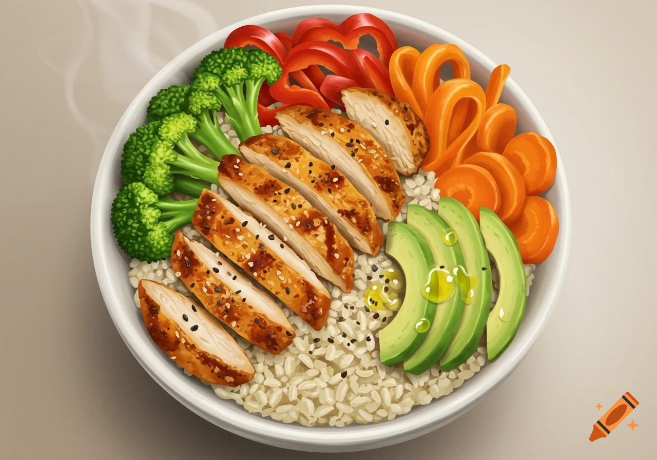 Vibrantly illustrated chicken rice bowl with sliced chicken, brown rice, broccoli, red bell pepper, carrots, avocado, and olive oil.