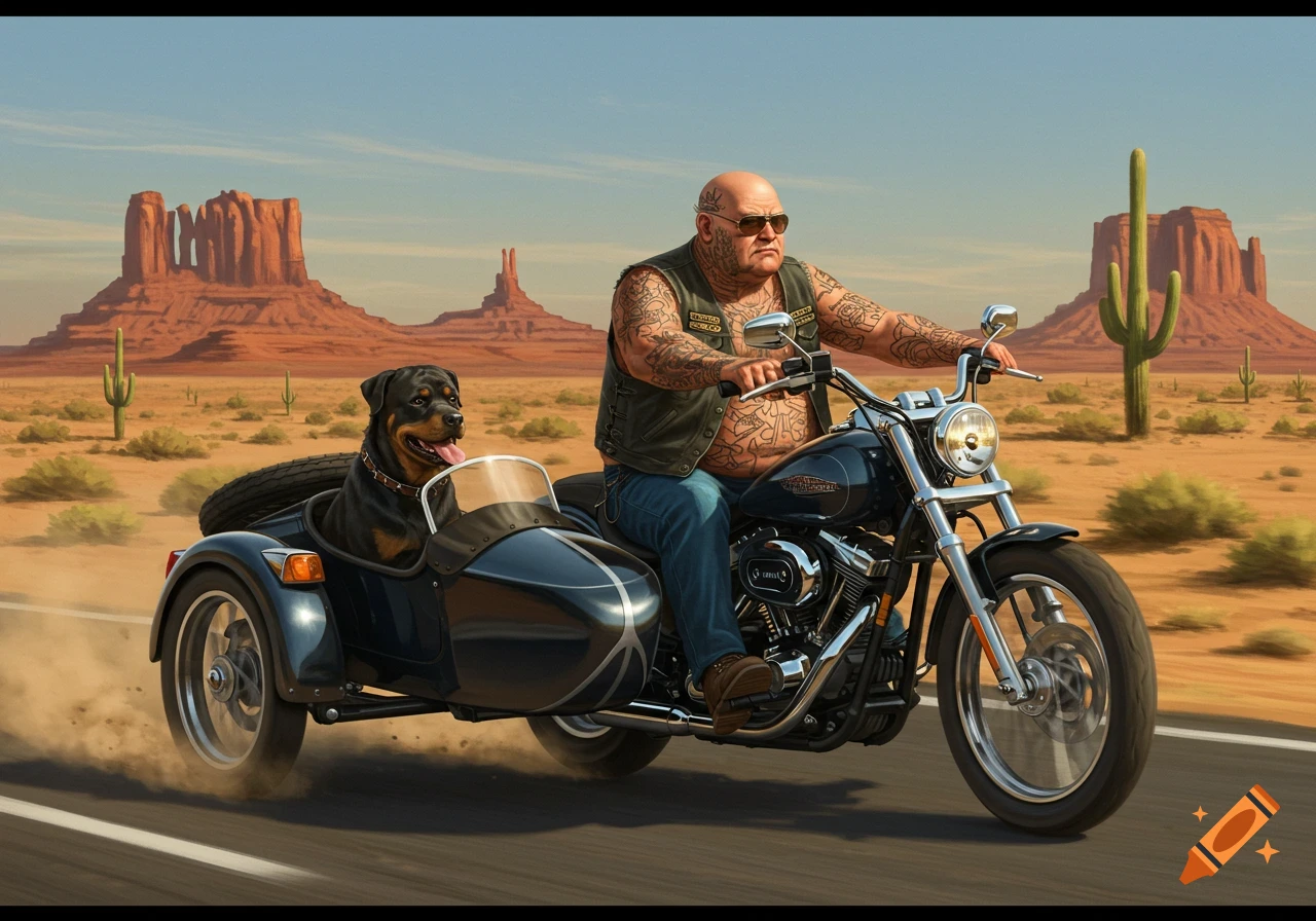 A bald, tattooed man rides a Harley Davidson with a sidecar carrying a Rottweiler through a desert landscape with mesas and cacti. Photorealistic style.