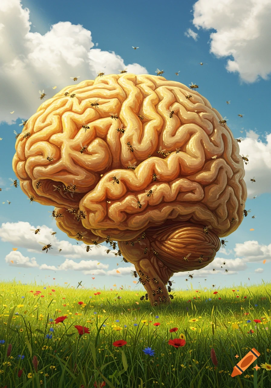 A large brain shaped like a beehive sits in a green meadow with wildflowers, surrounded by bees under a blue sky.