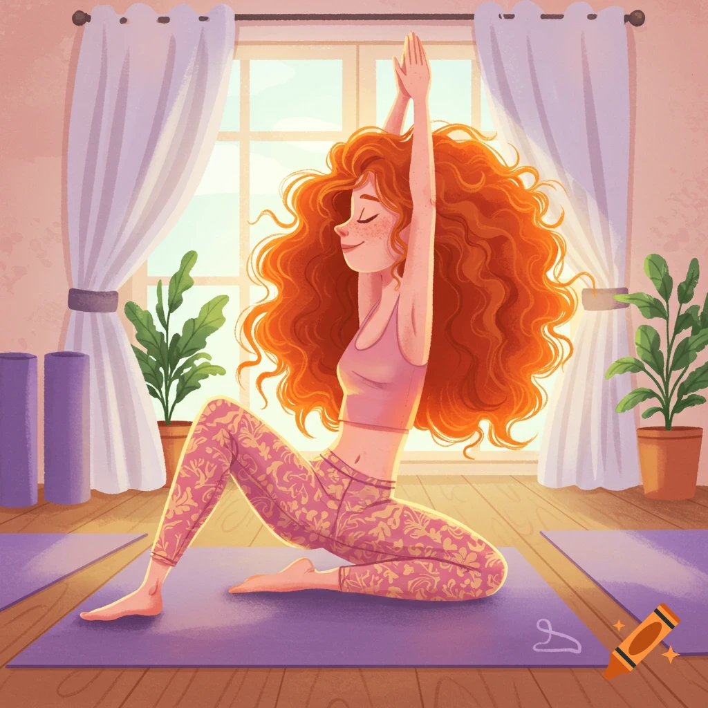 A cartoon redhead woman in a pink top and patterned leggings stretches on a purple yoga mat in a sunlit room with plants.