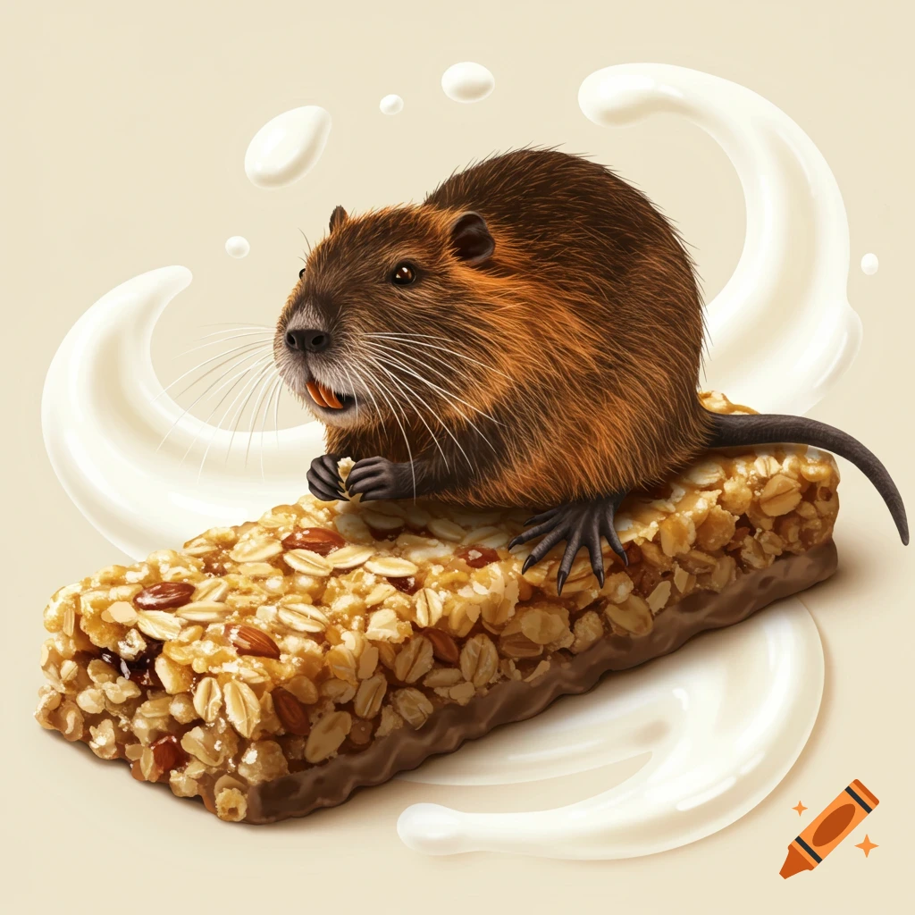 A photorealistic illustration of a nutria rat sitting on a granola bar, with white liquid splashes around it.