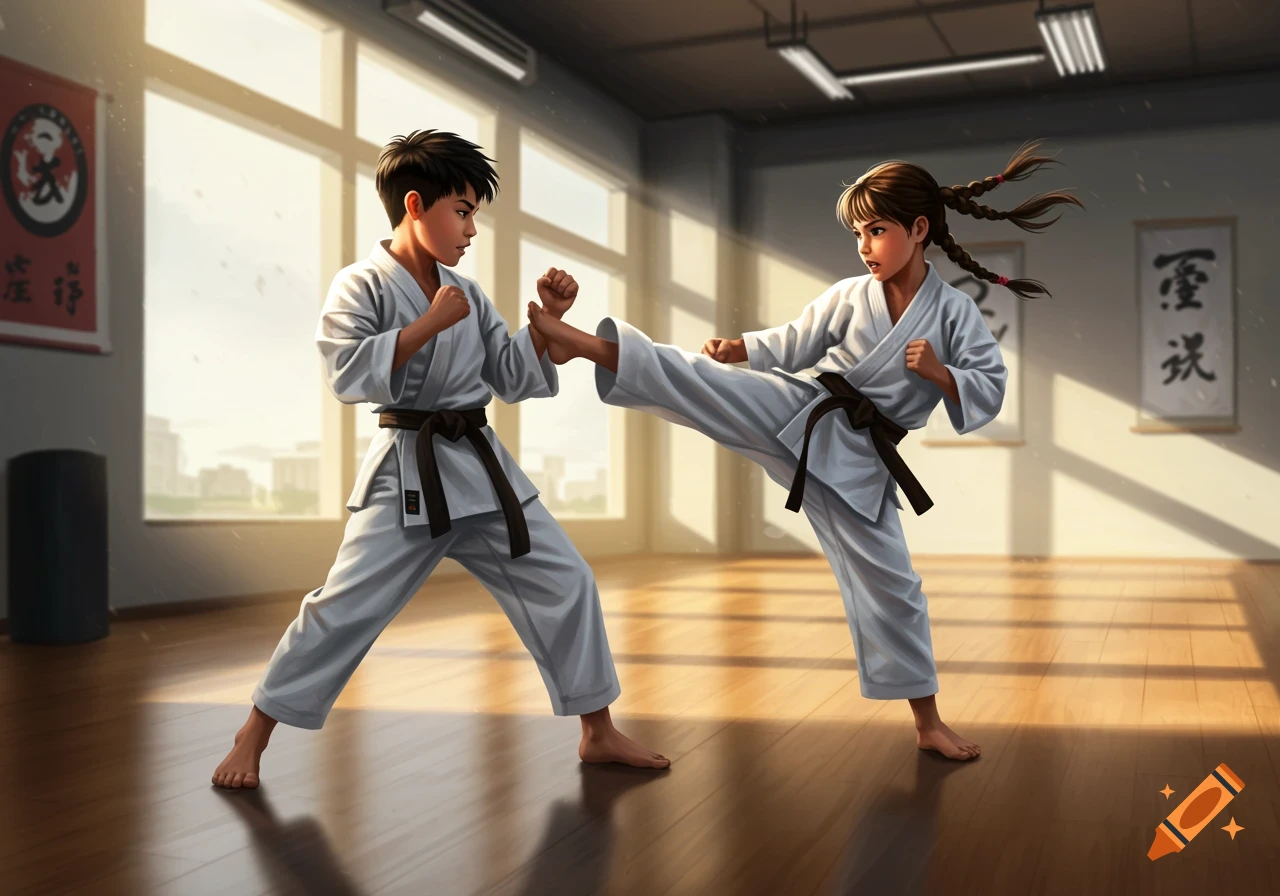 Two young children in white gis with black belts sparring, one kicking, in a sunlit dojo.