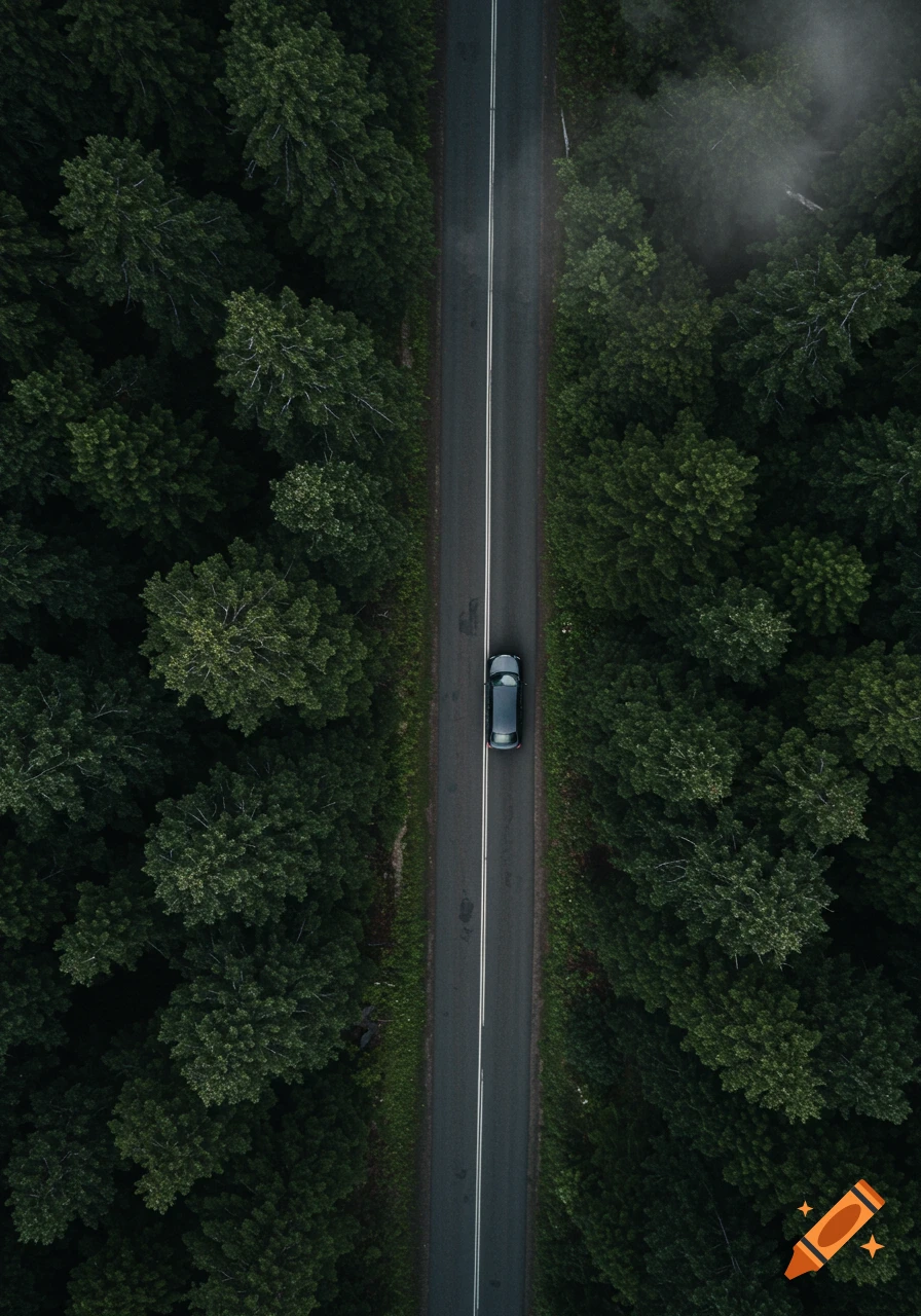 Aerial view of a dark car driving on a forest road surrounded by lush green trees under a cloudy sky.