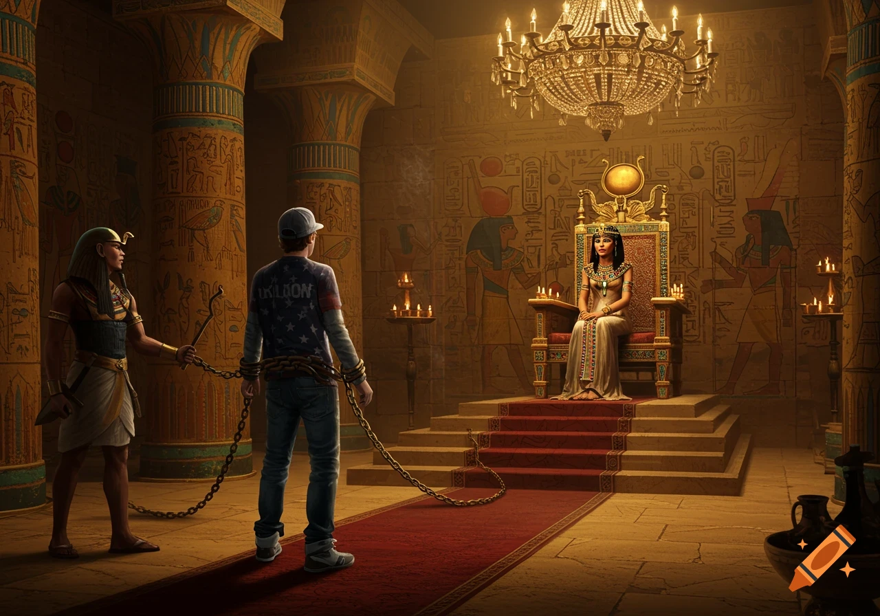 A modern man in chains, wearing a cap and an American-themed shirt, is led by an ancient Egyptian guard before a seated princess in a lavish throne room, photorealistic.