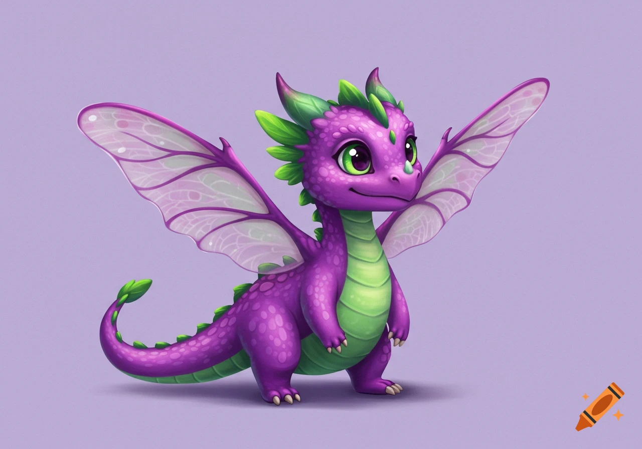 Cute purple and green baby dragon with delicate, lacy wings on a plain lavender background.