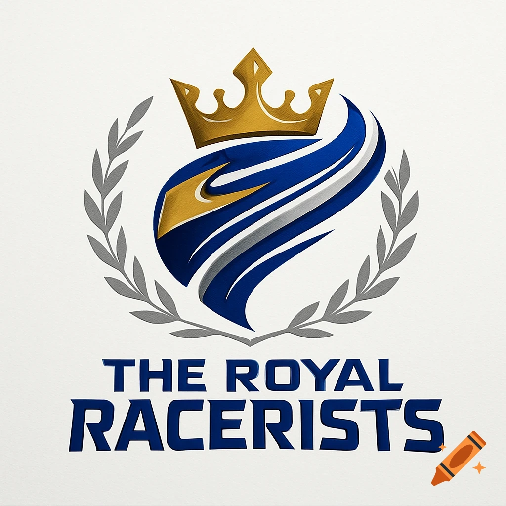 A racing team logo with a gold crown, blue and gold stylized wings, and a grey laurel wreath above the words 'THE ROYAL RACERISTS'.