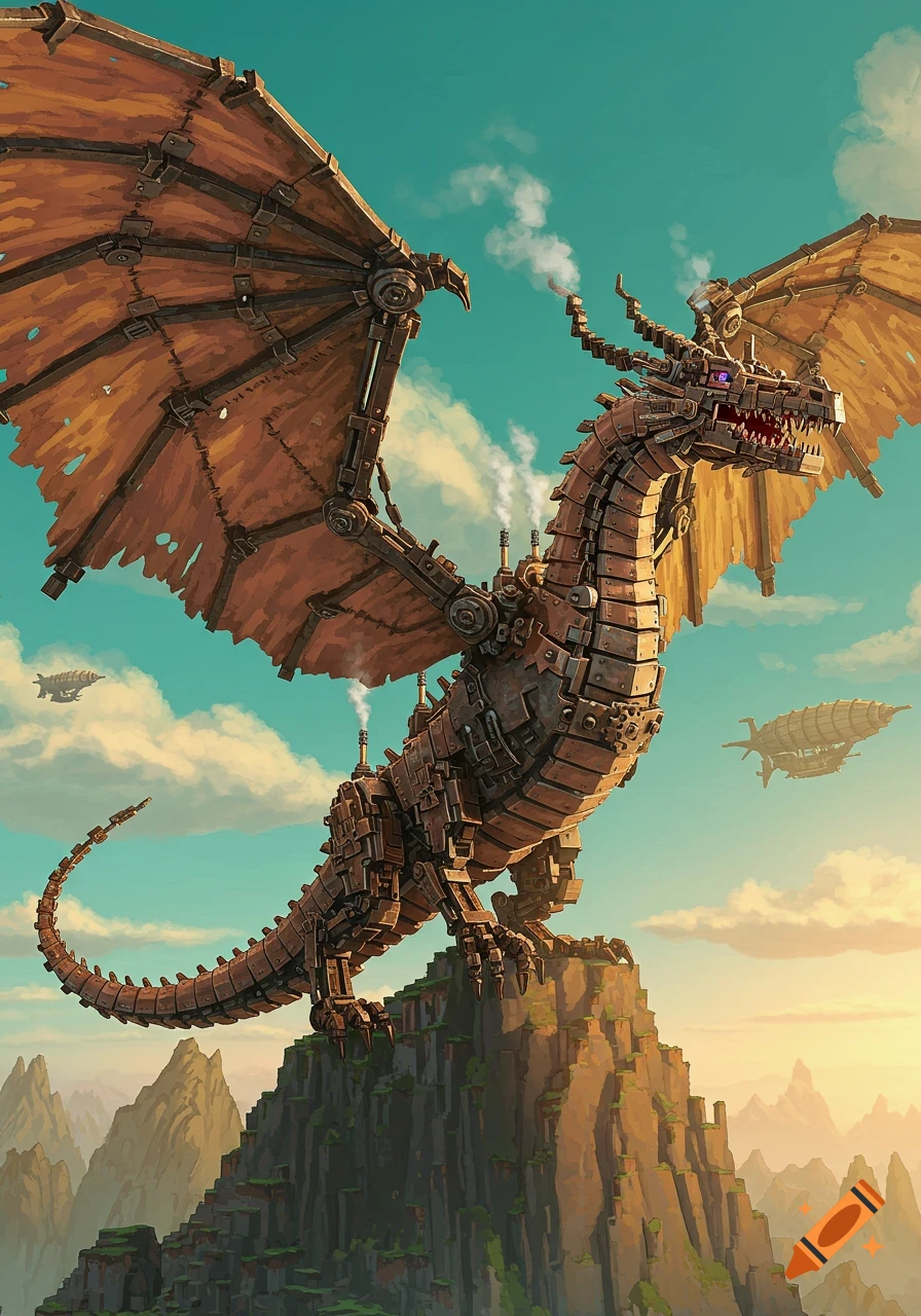 A majestic steampunk dragon, built from metal and gears, stands on a Minecraft-style mountain under a clear sky, with airships in the background.