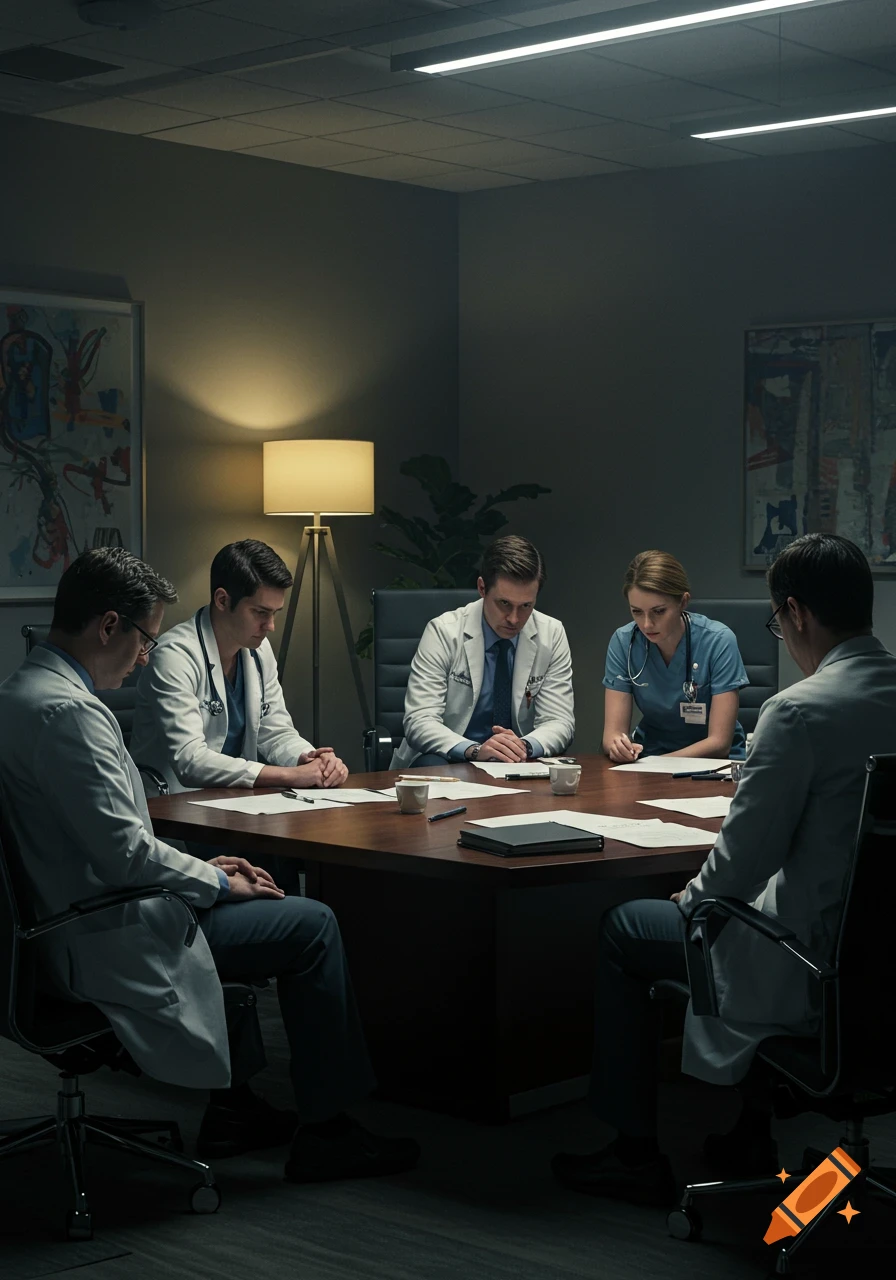 A serious, dimly lit scene of five healthcare professionals in lab coats and scrubs sitting around a conference table, looking down at papers during a quiet meeting.