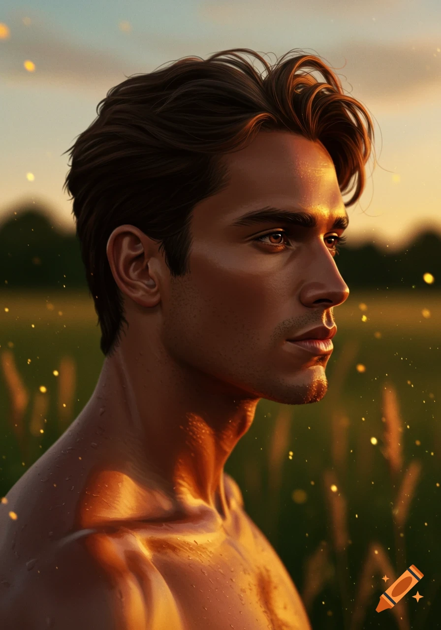 Profile of a man with bronzed skin, dark hair, and dark eyes, lit by golden sunset light in a field with shimmering specks.