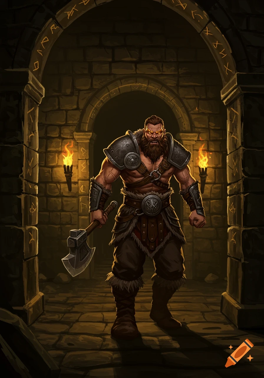 A muscular barbarian warrior with a beard and glowing eyes stands in a dark stone dungeon, holding an axe, torches lighting the scene.