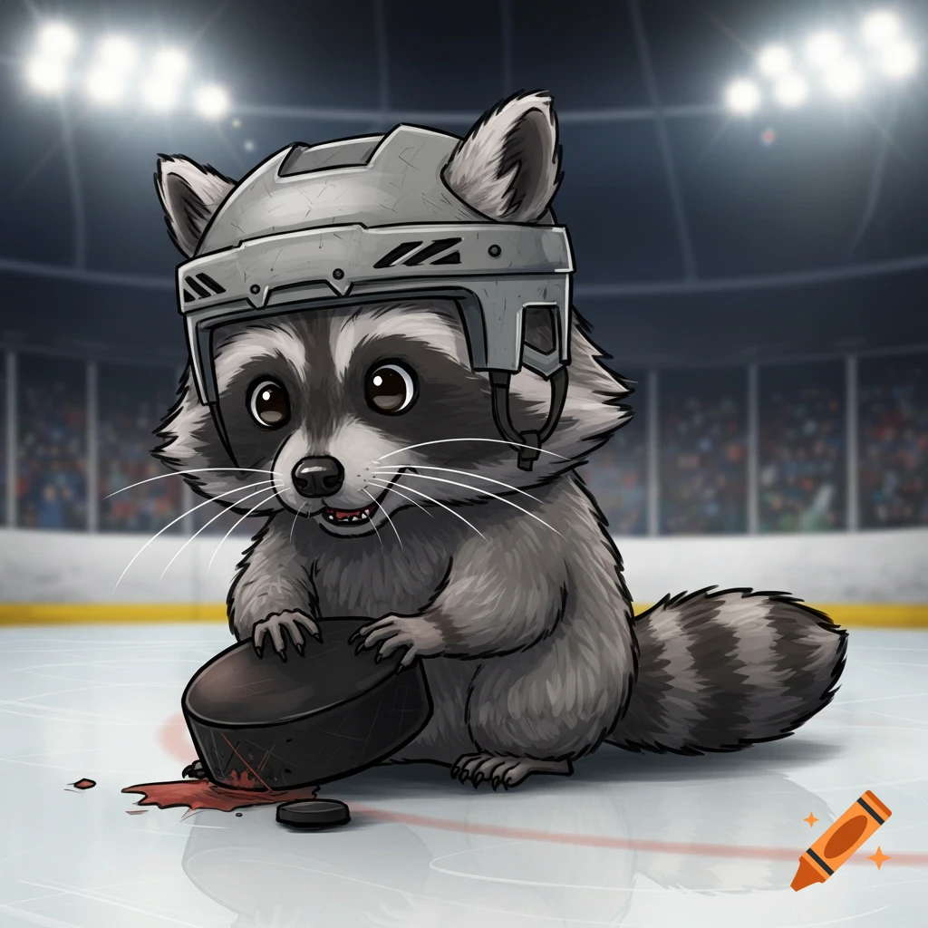 A cute cartoon raccoon wearing a hockey helmet, sitting on an ice rink, and chewing on a hockey puck with a small bloodstain on the ice.