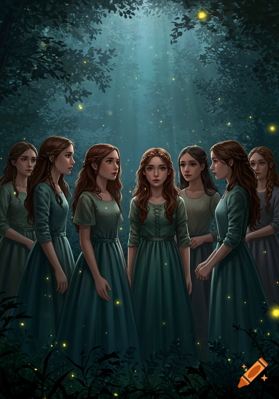 Seven young women with dark brown hair in long green dresses stand in a magical, dark forest with glowing lights. Digital painting.