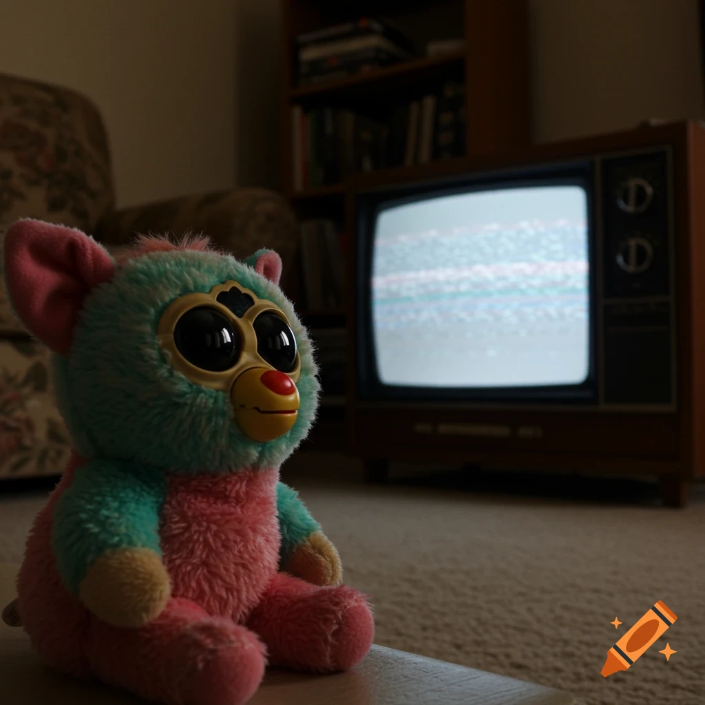 A pink and teal plush toy with large eyes sits in a dimly lit room, looking at an old television displaying static.