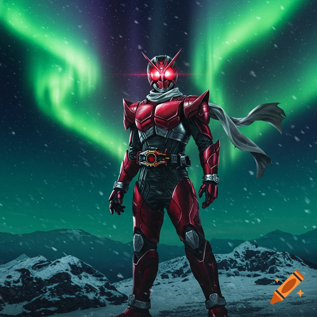 Kamen Rider in red and black armor with glowing eyes and a gray scarf stands in a snowy landscape under a vibrant green aurora borealis.