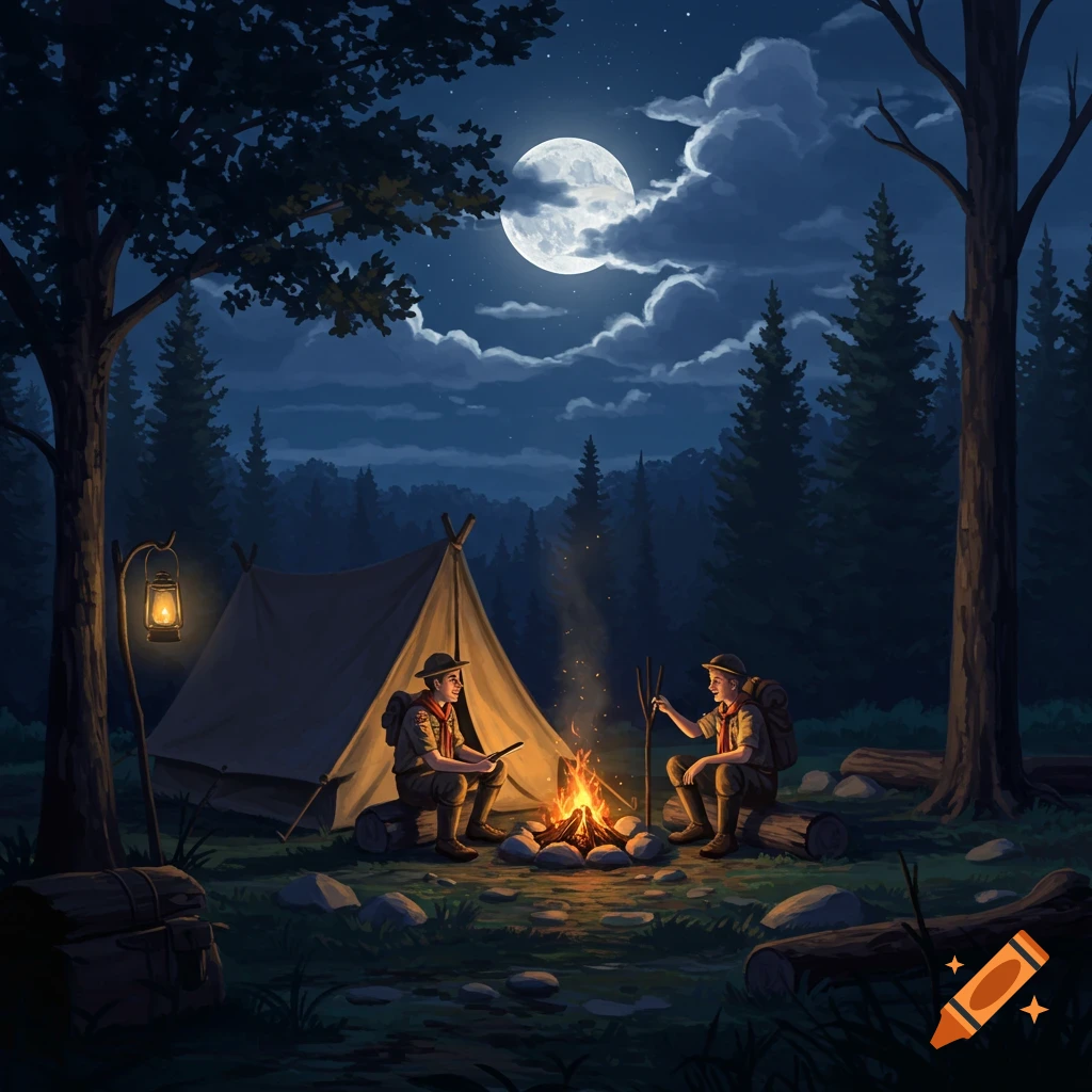 Two scouts sit by a campfire outside a tent at night, under a full moon in a forest, illustration.