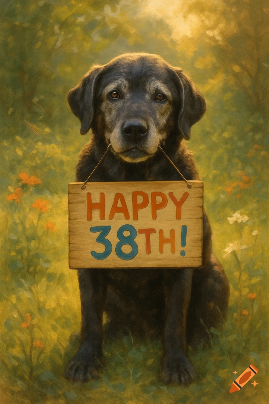 An old black lab dog sits in a sunny, green field, holding a wooden sign that says 'HAPPY 38TH!' in a painterly style.