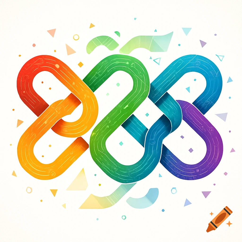 Seven colorful interlocking U-shaped links in rainbow colors, with small geometric shapes on a white background.