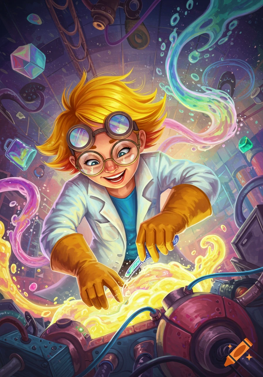 A cheerful, cartoony inventor in a lab coat and goggles works with glowing, colorful substances and machinery in a vibrant, surreal lab.