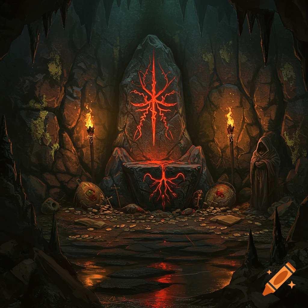 Dark fantasy cave with a glowing red symbol on a rock throne, lit by torches, surrounded by gold and a robed figure.