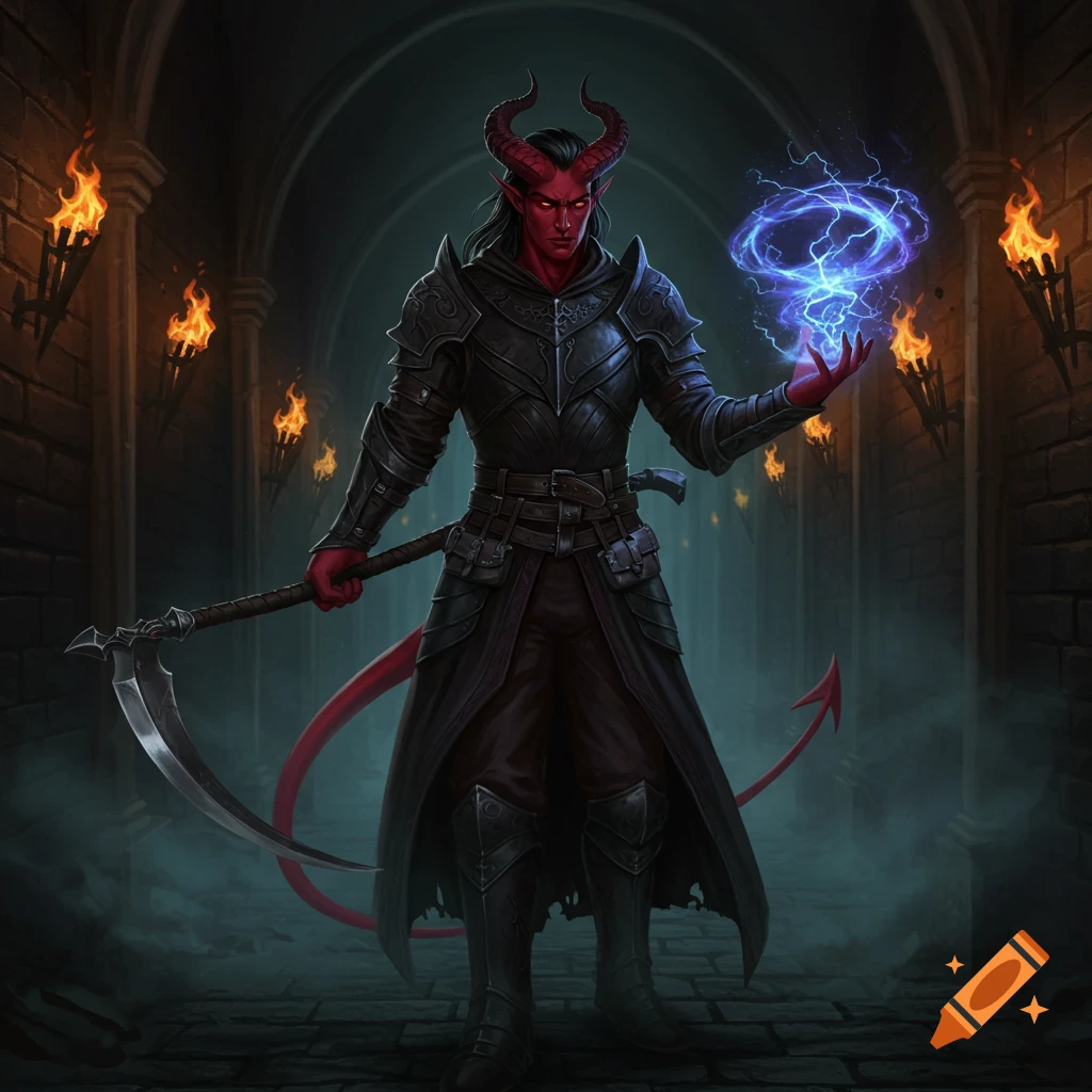 A red-skinned male tiefling warlock in black leather armor holds a scythe, casting a blue electrical spell in a torchlit dungeon.